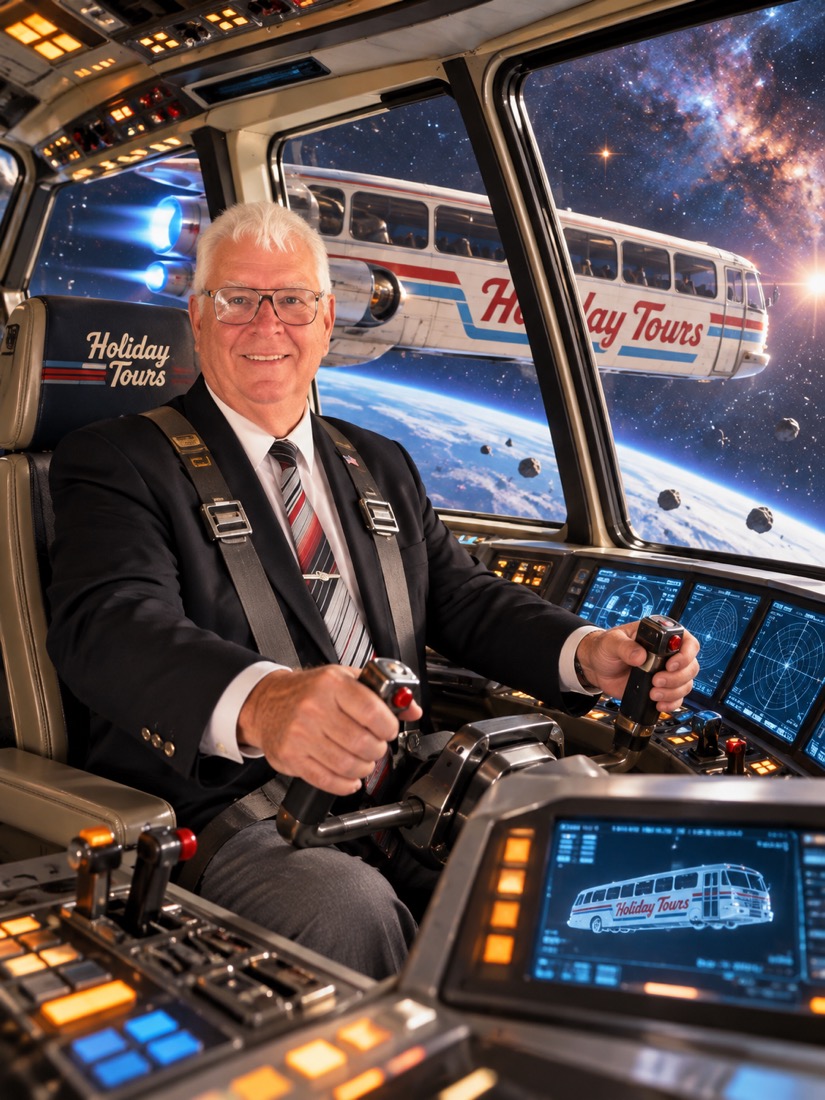 Danger Don at the controls of his Holiday Tours medical space bus, Earth and a docking bus visible through the cockpit window
