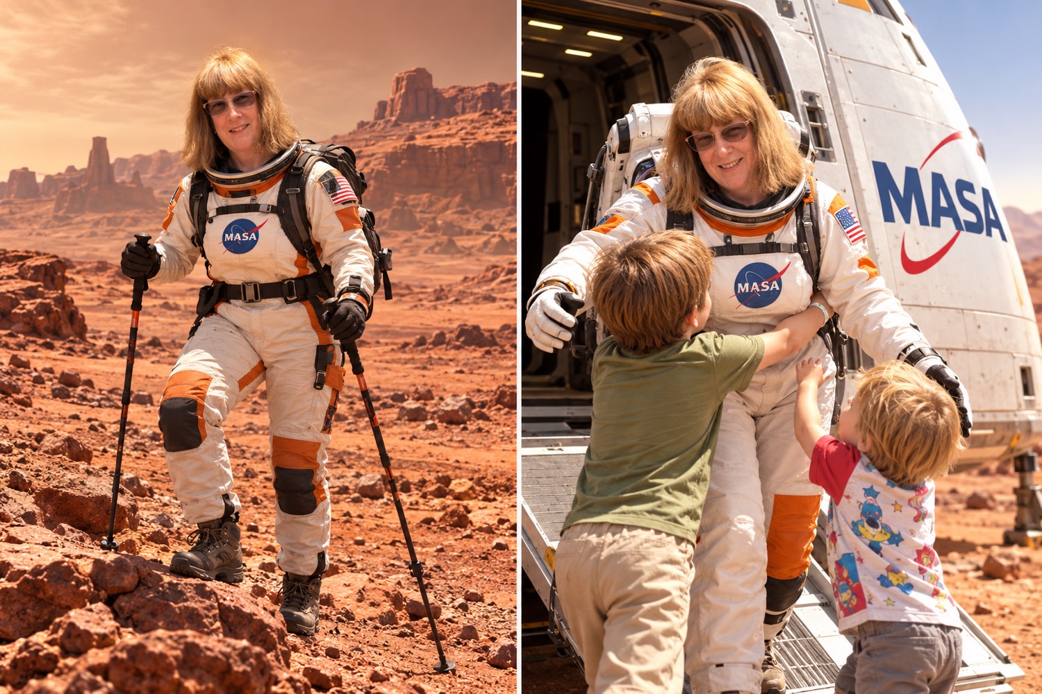 Left: Jill Marlow Ballance in a MASA spacesuit hiking the slopes of Olympus Mons on Mars with trekking poles. Right: Jill reunited with her two grandsons at the MASA medical capsule.