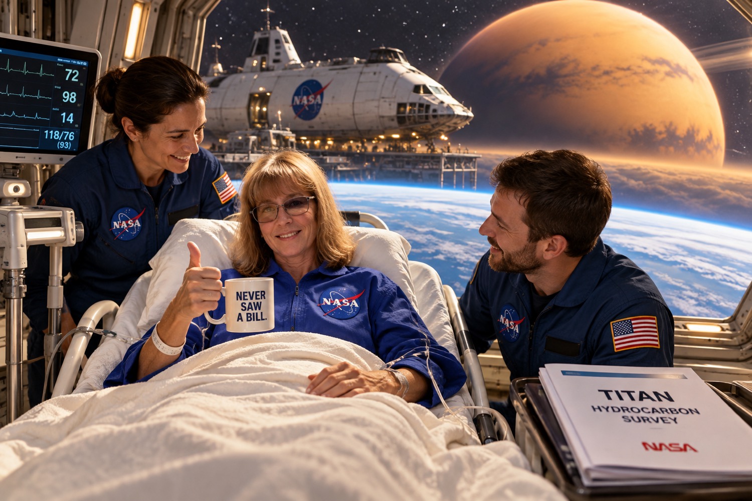 Dr. Vei Okoro recovering in a MASA medical bay, giving a thumbs-up with a 'Never Saw a Bill' mug, flight medics at the bedside and Saturn and a docked cruiser visible through the window.